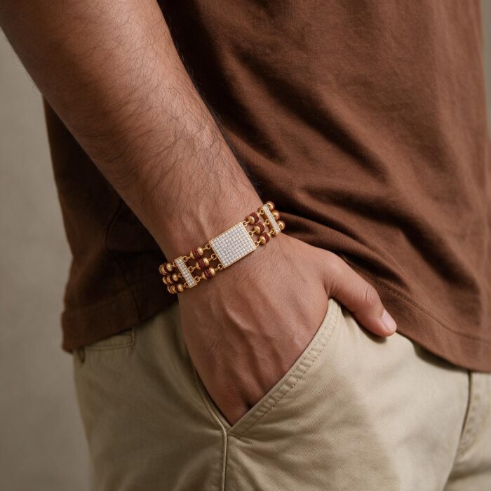 alt="rudraksha beads gold bracelet"