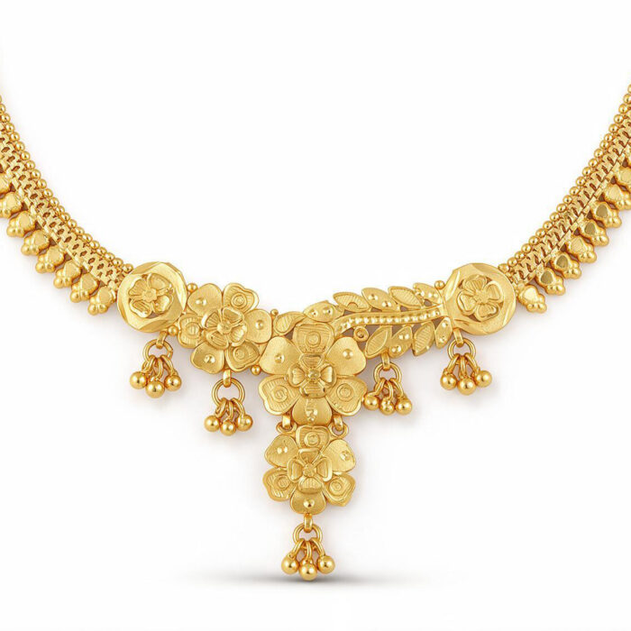 alt="curved petal floral temple necklace gold plated"
