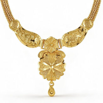 alt="antique floral gold plated long necklace set"