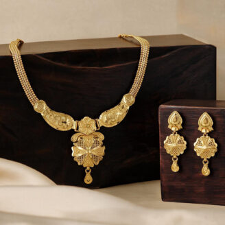 alt="antique floral gold plated long necklace set"