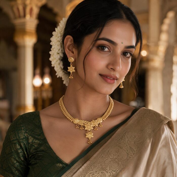 alt="floral temple necklace set gold plated"