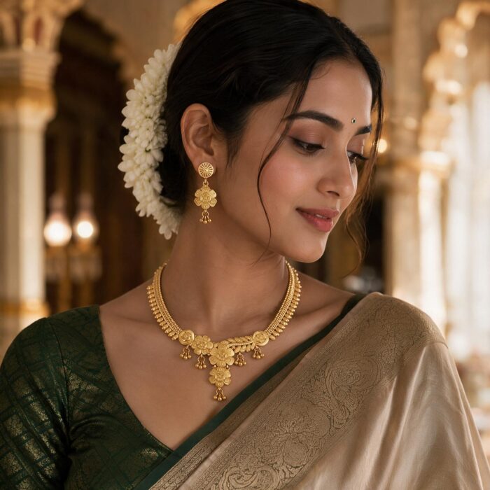 alt="curved petal floral temple necklace gold plated"