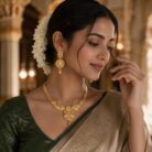alt="antique floral gold plated long necklace set"