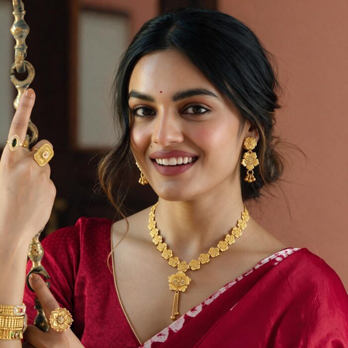 alt="royal gold plated necklace set for women"