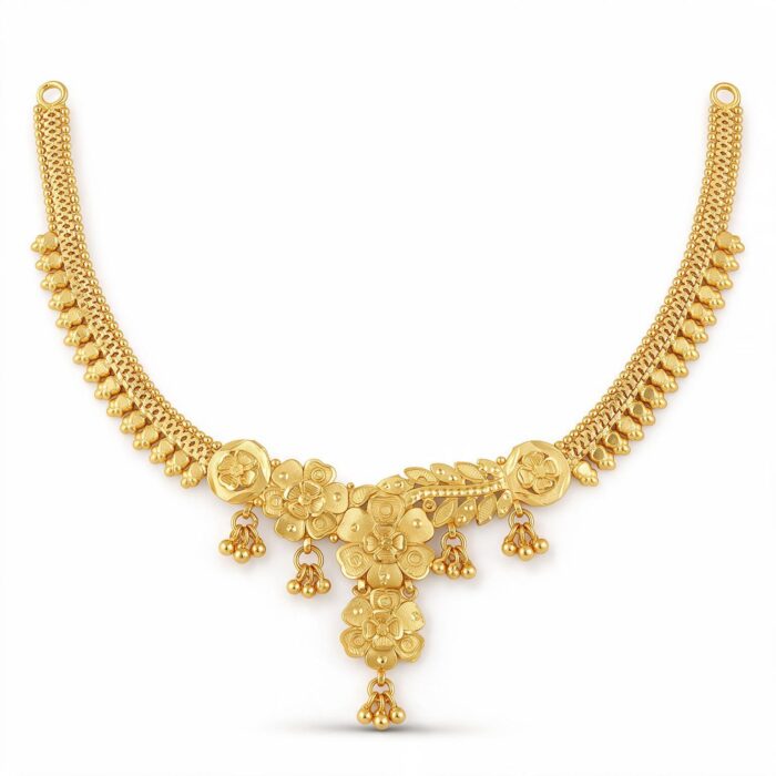 alt="curved petal floral temple necklace gold plated"