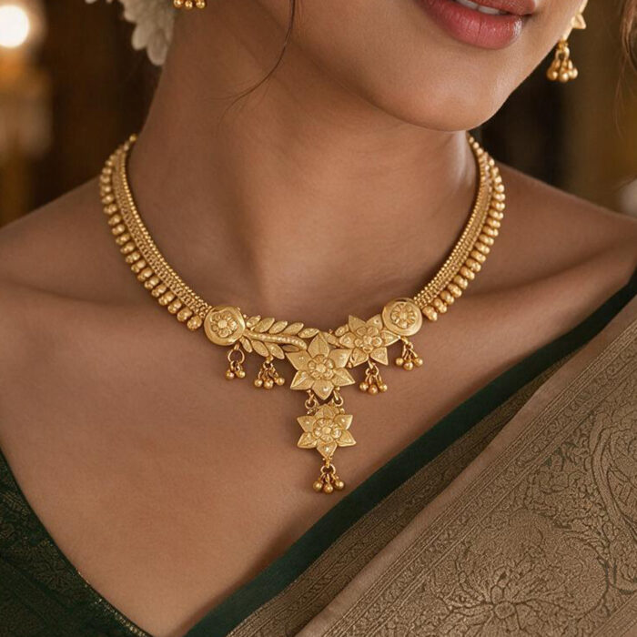 alt="floral temple necklace set gold plated"