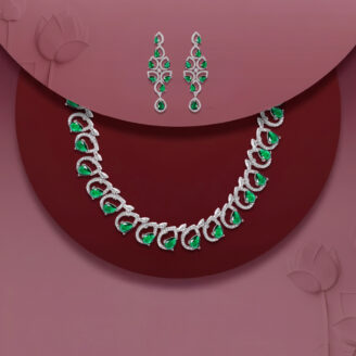 Emerald Green AD Necklace Set with Earrings – Rhodium Plated Bridal Jewellery