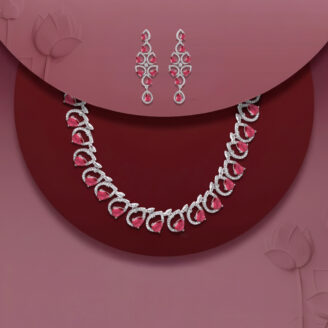 Red AD Wedding Necklace Set with Earrings – Rhodium Plated Designer Jewellery