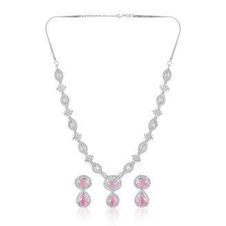 Charming Pink Stone AD Necklace Set – Rhodium Finish Bridal Glam