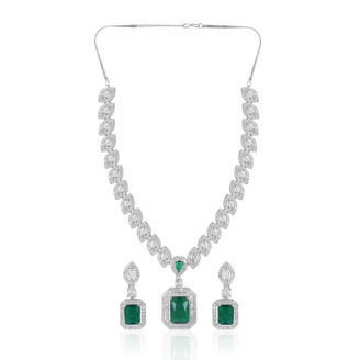 Emerald Glow AD Necklace Set – Rhodium Polish for Bridal & Festive Glam