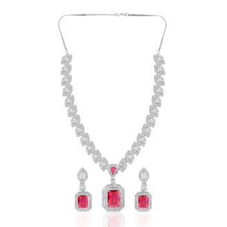 Radiant Ruby AD Necklace Set – Rhodium Polish for Bridal Glam