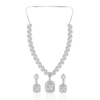 Luminous White AD Necklace Set – Rhodium Polish for Weddings & Parties