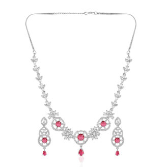 Regal Ruby Glow AD Necklace Set – Rhodium Finish for Weddings