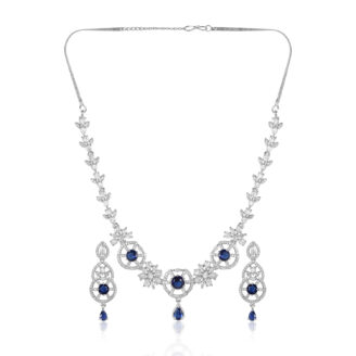 Midnight Blue AD Necklace Set – Rhodium Finish for Bridal Elegance