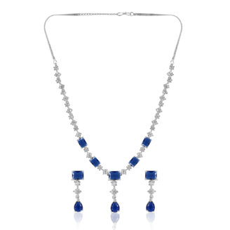 Sapphire Elegance AD Necklace Set – Rhodium Finish for Bridal Glam