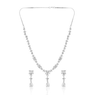 Moonlight Glow White AD Necklace Set – Rhodium Finish for Weddings