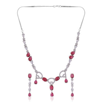 Crimson Charm AD Necklace Set – Rhodium Plated Elegance