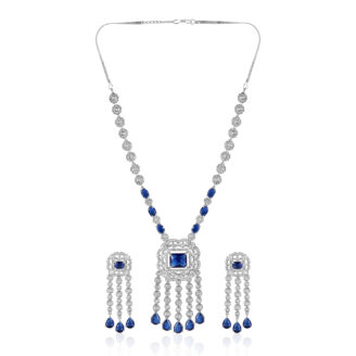 Royal Blue AD Necklace Set with Earrings – Rhodium Finish Party Jewellery