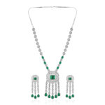 Emerald Green AD Necklace Set with Earrings – Rhodium Finish Statement Jewellery