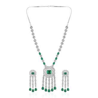 Emerald Green AD Necklace Set with Earrings – Rhodium Finish Statement Jewellery