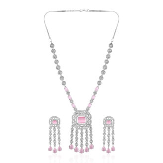 Blush Pink AD Necklace Set with Earrings – Rhodium Finish Bridal Jewellery