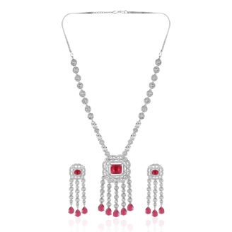 Red Stone AD Necklace Set with Earrings – Luxury Rhodium Plated Jewellery