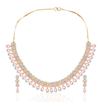 Soft Pink AD Necklace Set with Earrings – Gold Plated Occasion Jewellery
