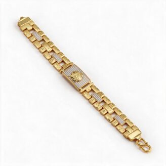 alt="lion head studded gold bracelet"