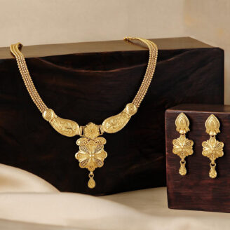 alt="filigree floral bridal necklace set gold plated"