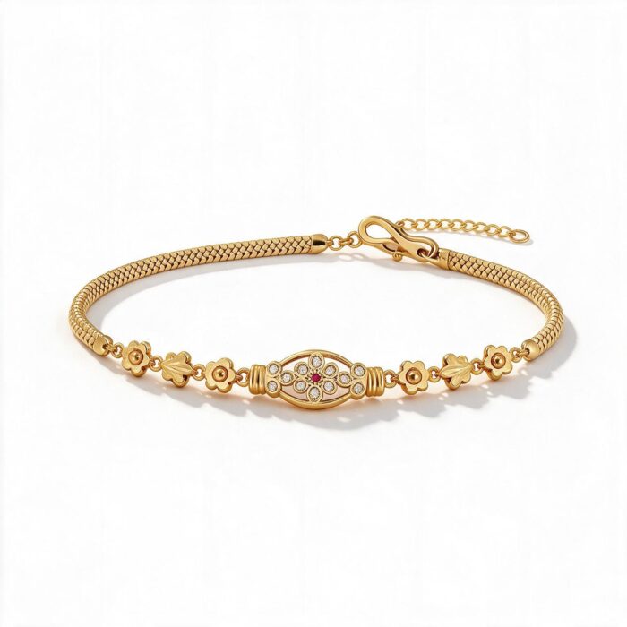 alt="floral medallion gold bracelet"