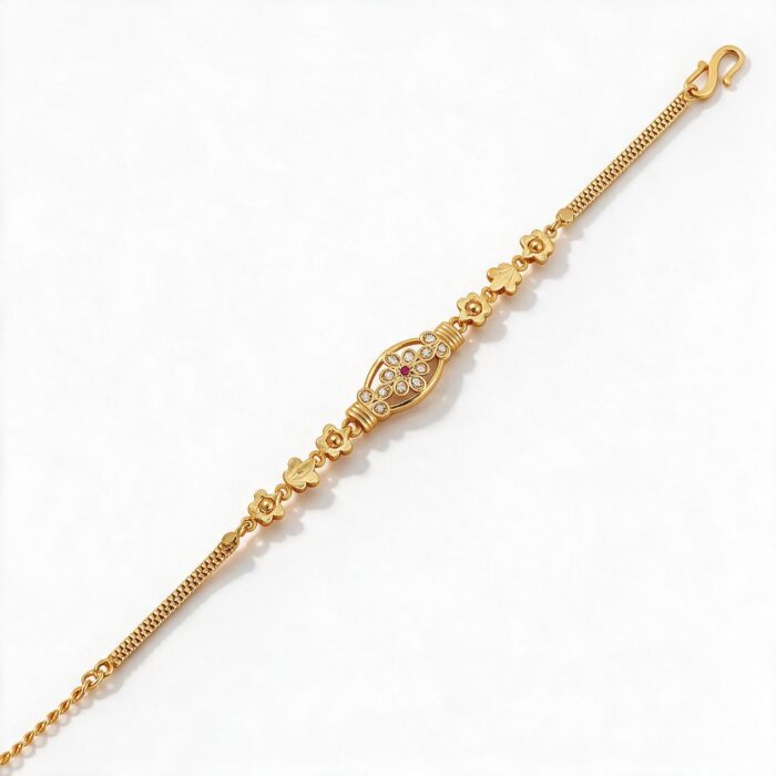 alt="floral medallion gold bracelet"