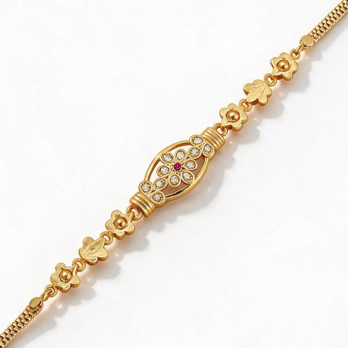 alt="floral medallion gold bracelet"