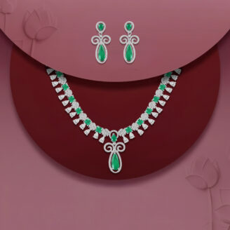 Royal Green Stone AD Necklace Set – Rhodium Finish | Jecy Jewels