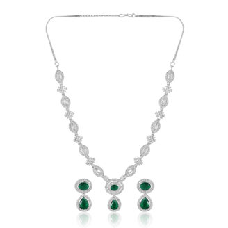 Elegant Green Stone AD Necklace Set – Rhodium Finish
