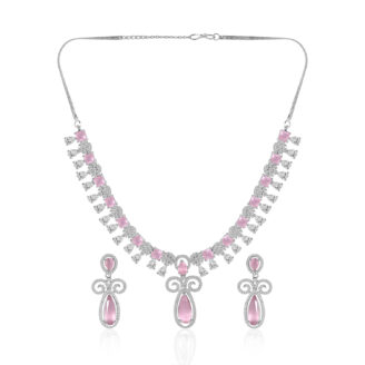 Graceful Pink Stone AD Necklace Set – Rhodium Finish
