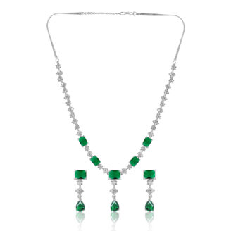Classic Green Stone AD Necklace Set – Rhodium Finish