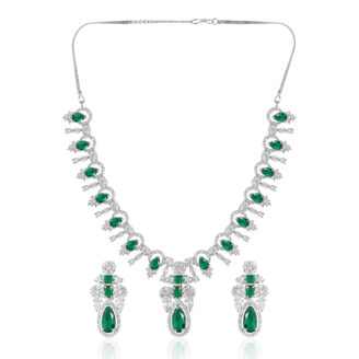 Classic Green Stone AD Necklace Set – Premium Rhodium Polish