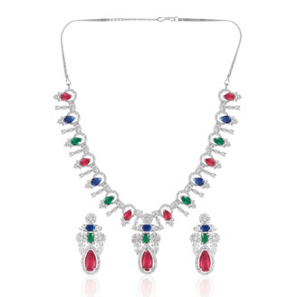 Multi-Color Stone AD Necklace Set – Premium Rhodium Polish
