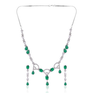 Green Stone AD Necklace Set – Elegant Rhodium Plated Design