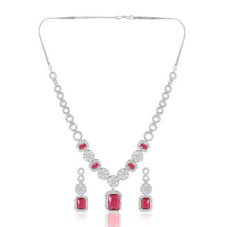 Red Stone AD Necklace Set – Premium Rhodium Plated Finish