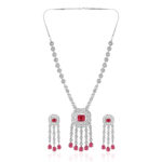 Red Stone AD Necklace Set – Luxurious Rhodium Plated Design