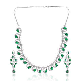 Green Stone AD Necklace Set – Regal Rhodium Plated Bridal Design