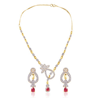 Red Stone AD Necklace Set – Classic Gold Plated Bridal Design
