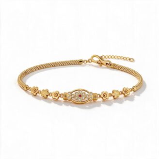 alt="floral medallion gold bracelet"