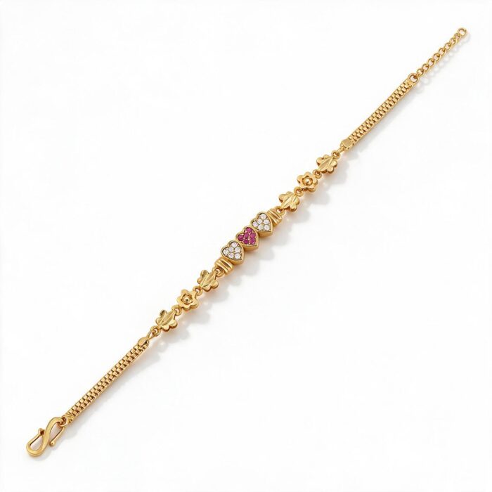 alt="triple heart studded gold bracelet"